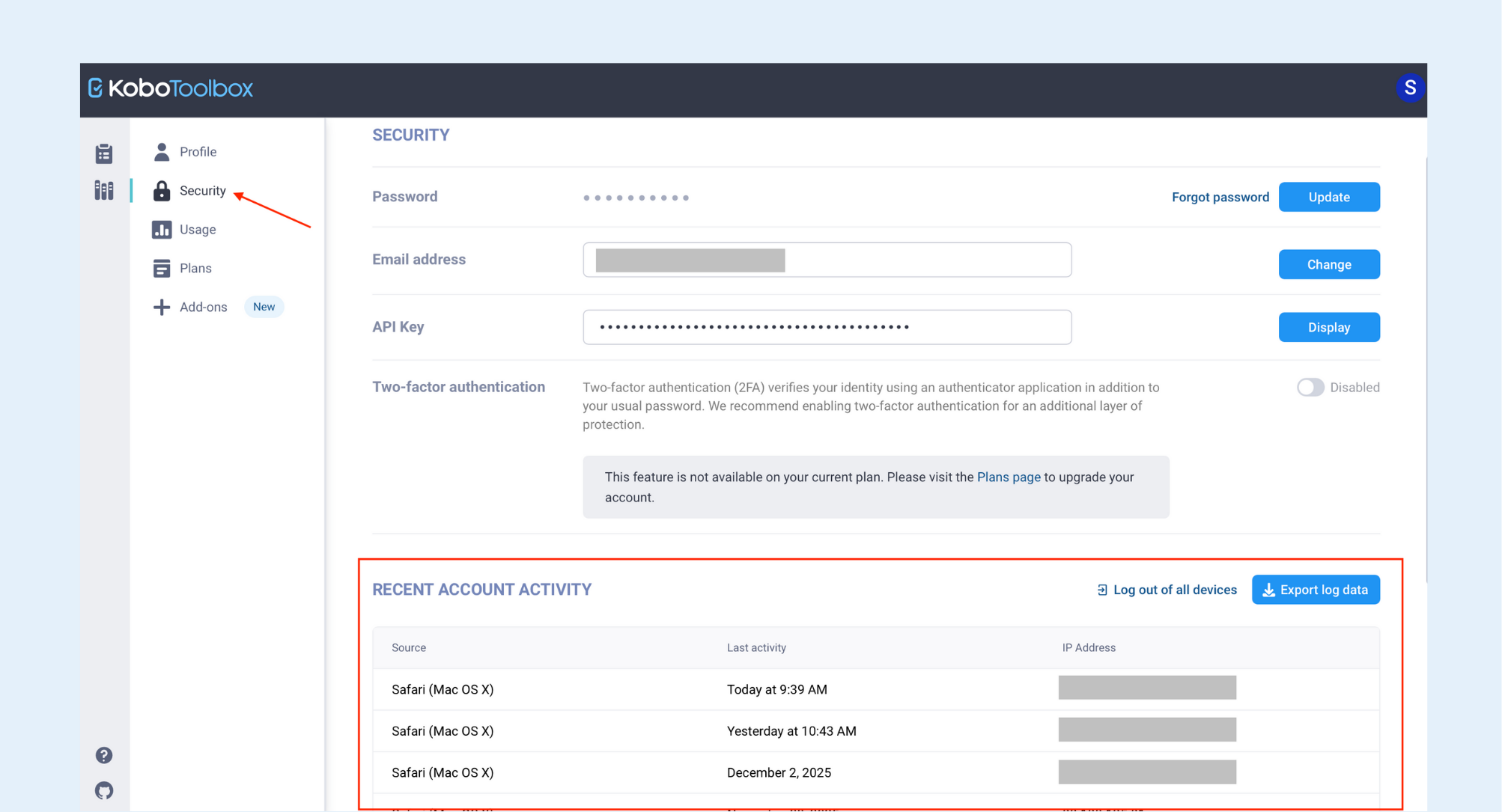 Access activity logs under security tab