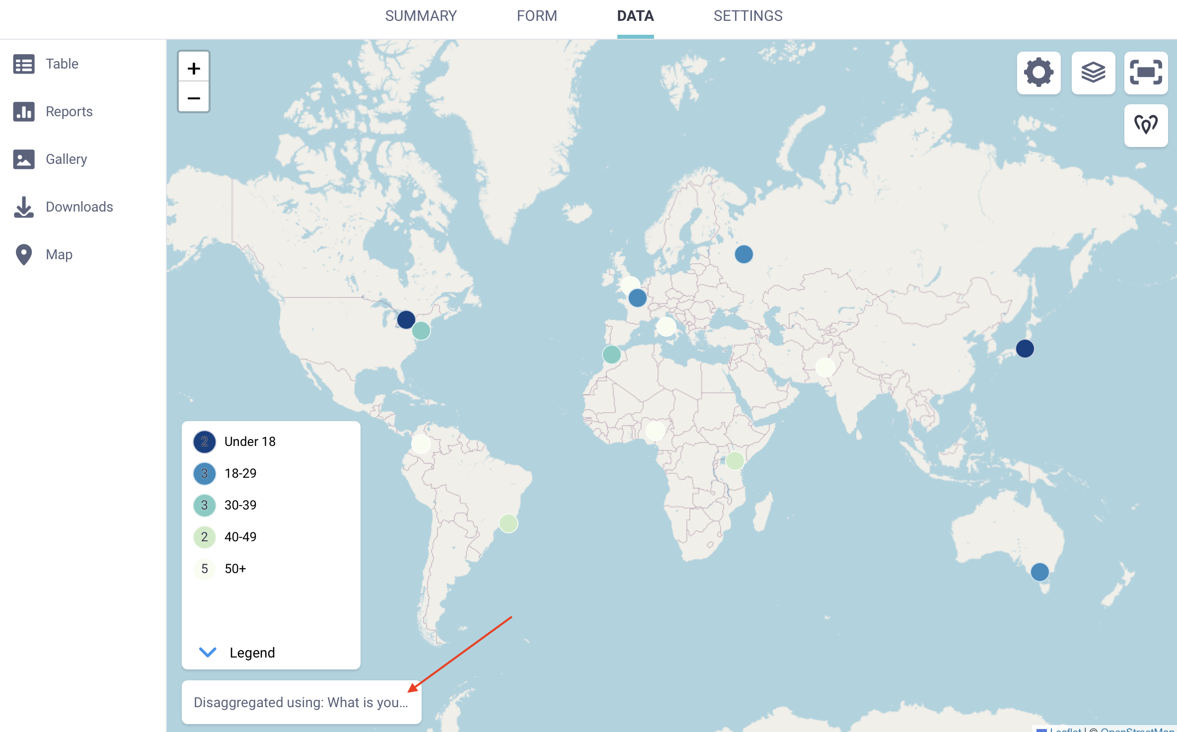 World map displaying disaggregated geopoint markers in shades of blue