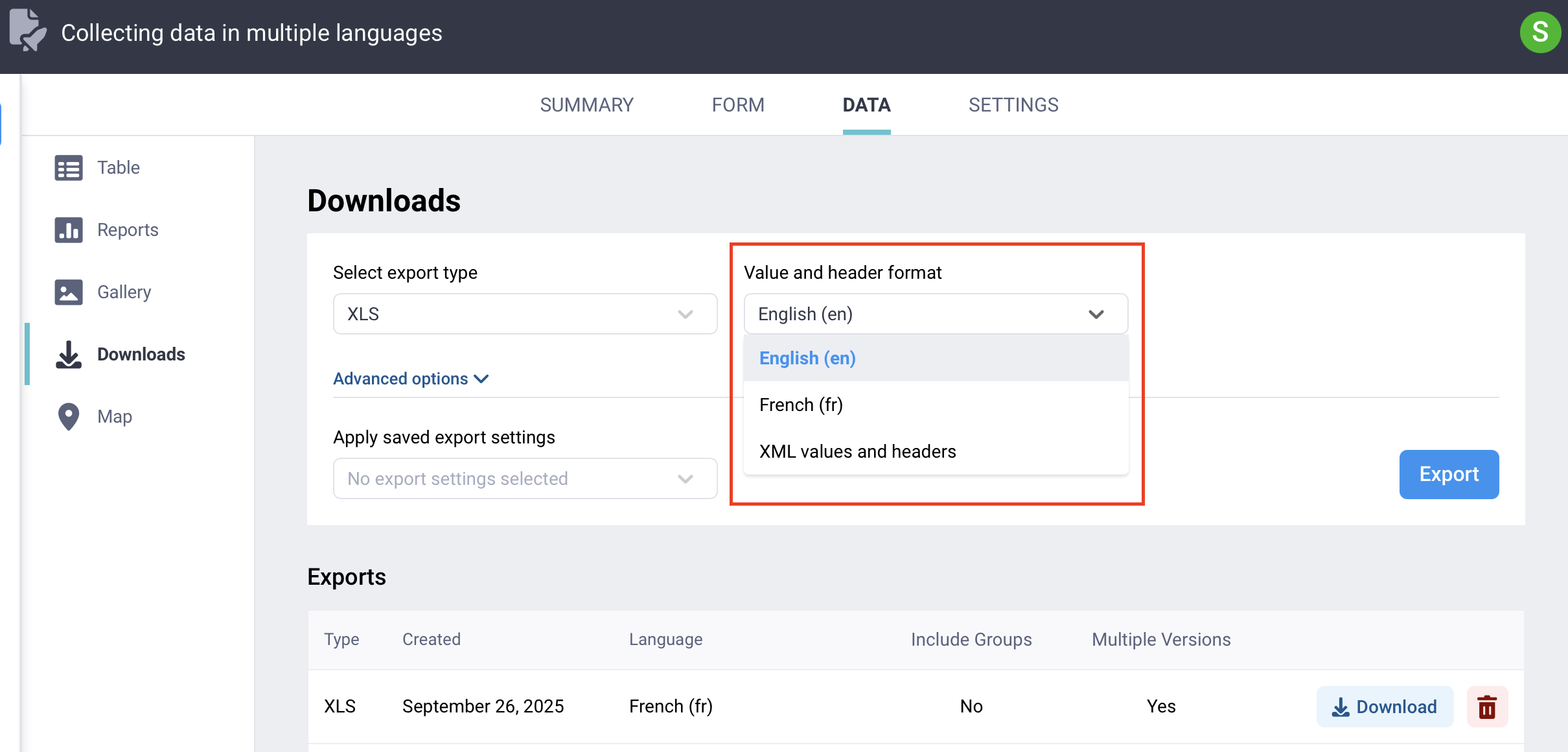 Select export language