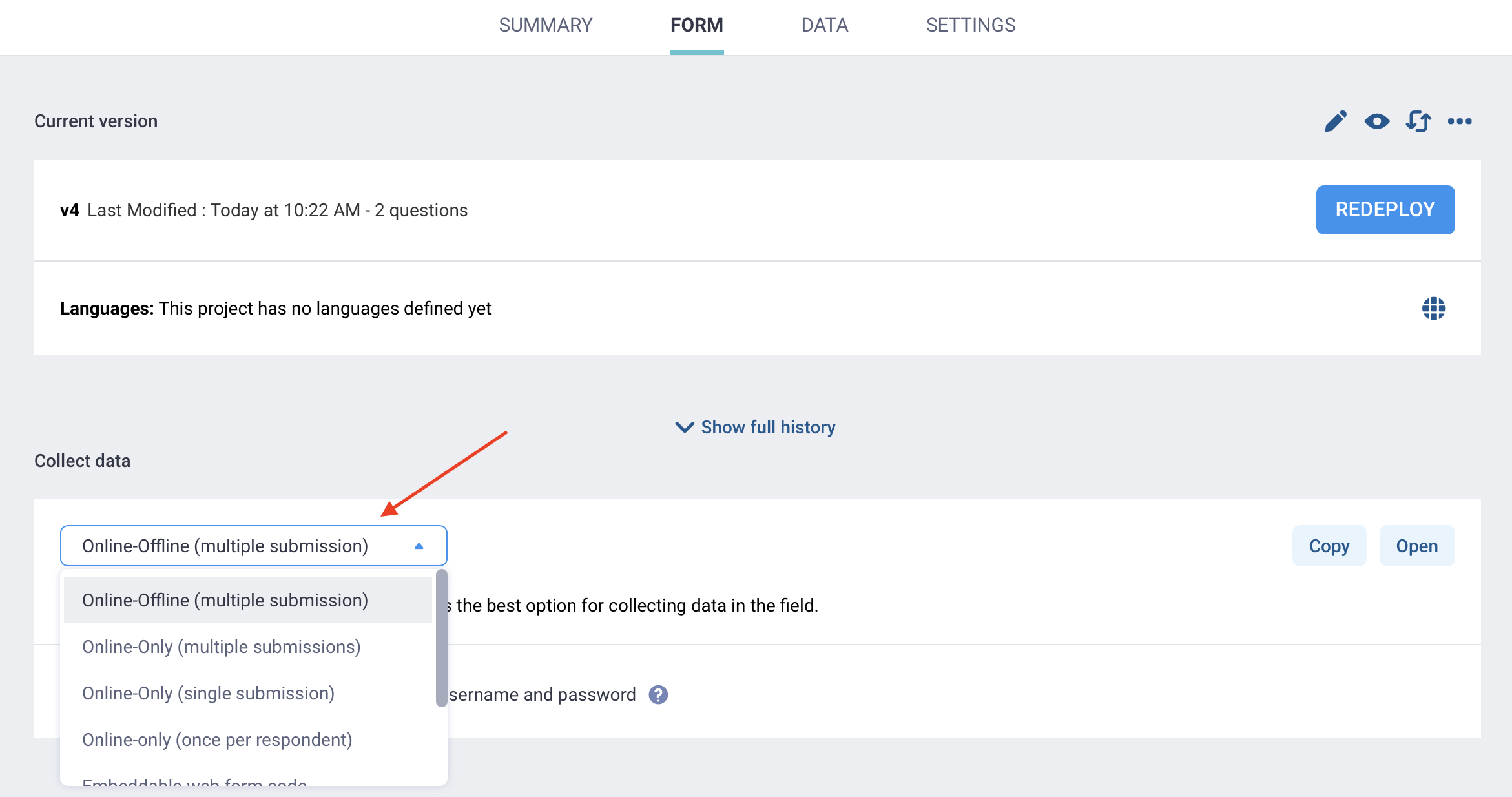 Select data collection mode