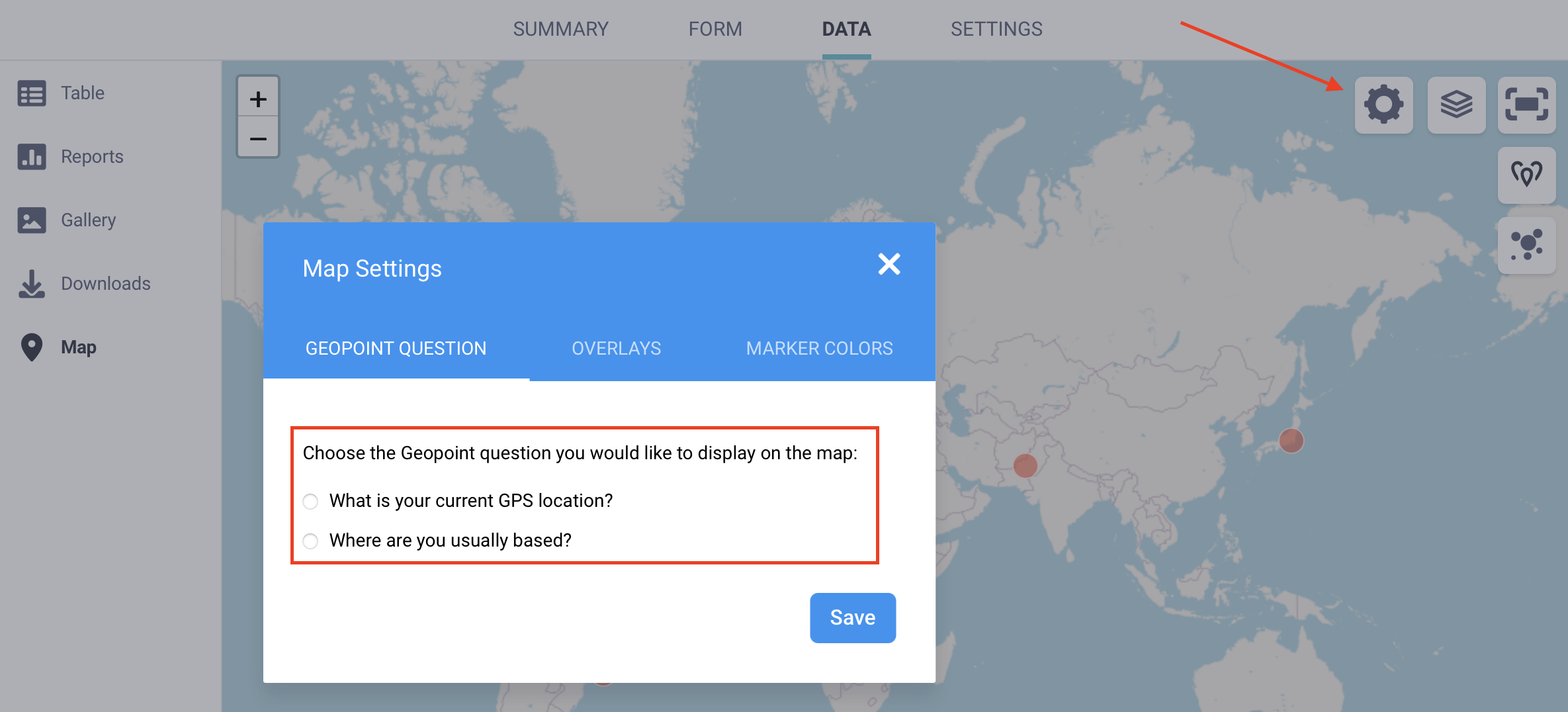 Map settings window for choosing geopoint question