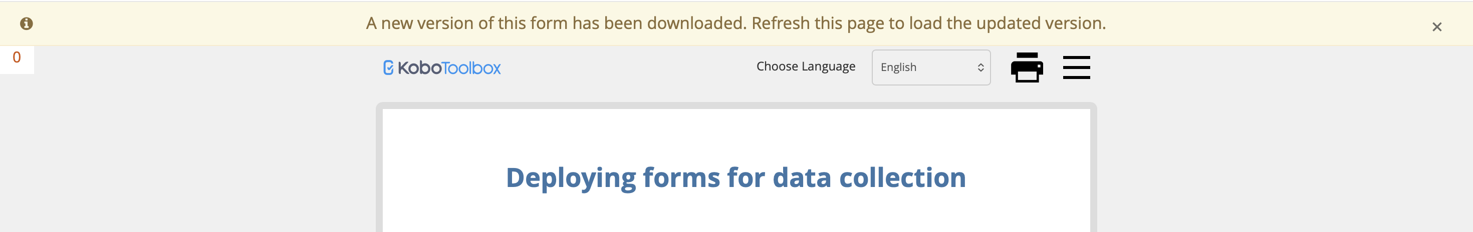 El banner muestra: Se ha descargado una nueva versión de este formulario. Actualiza esta página para cargar la versión actualizada.
