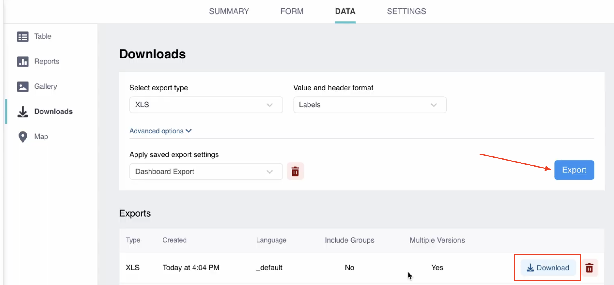 Ejemplo de exportación de datos