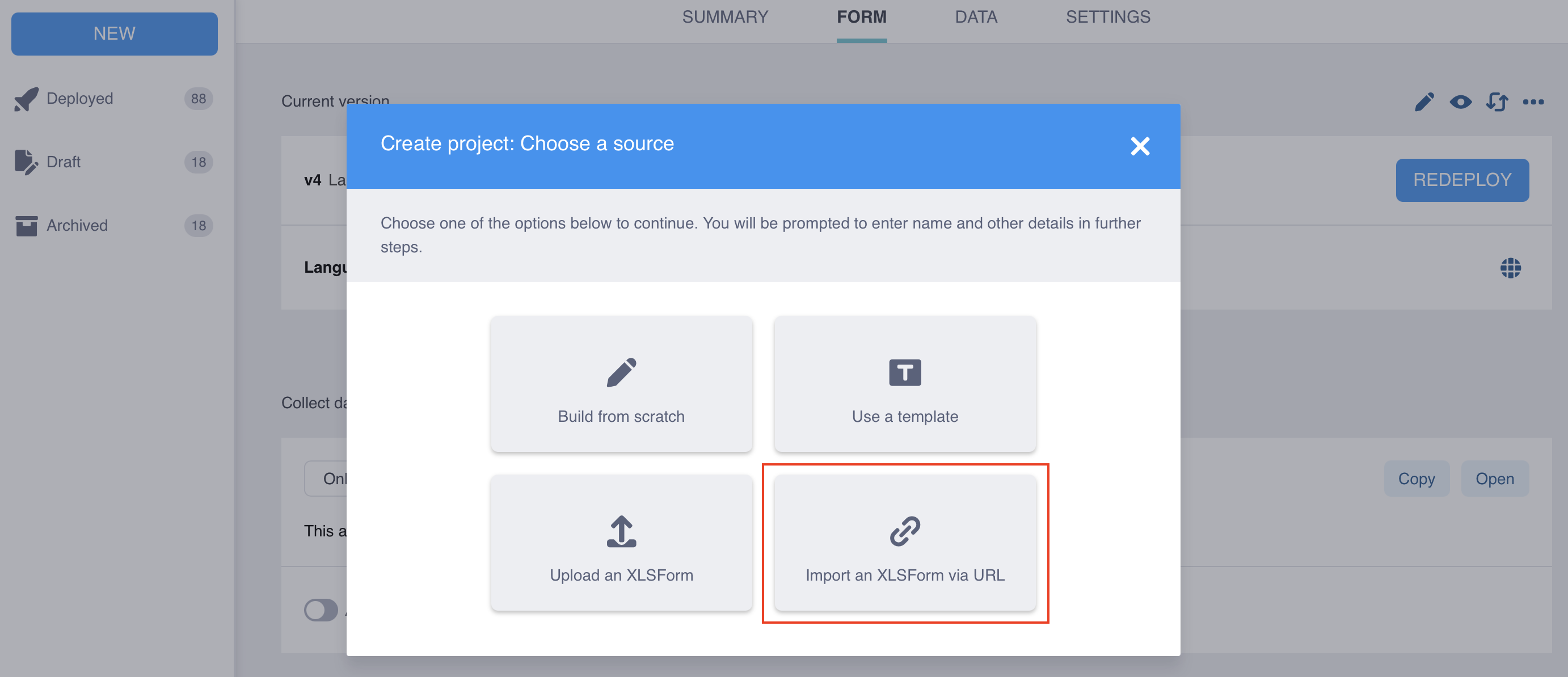 Cuadro de diálogo para importar XLSForm a través de URL
