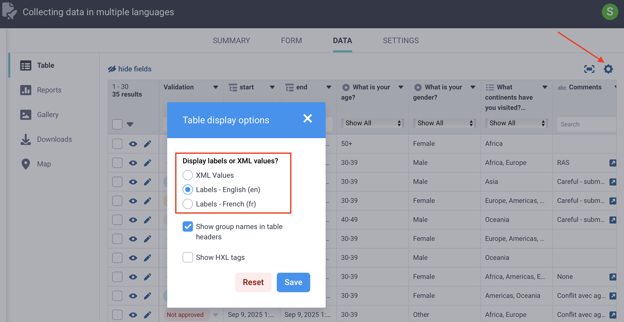 Opciones de visualización en la vista de tabla