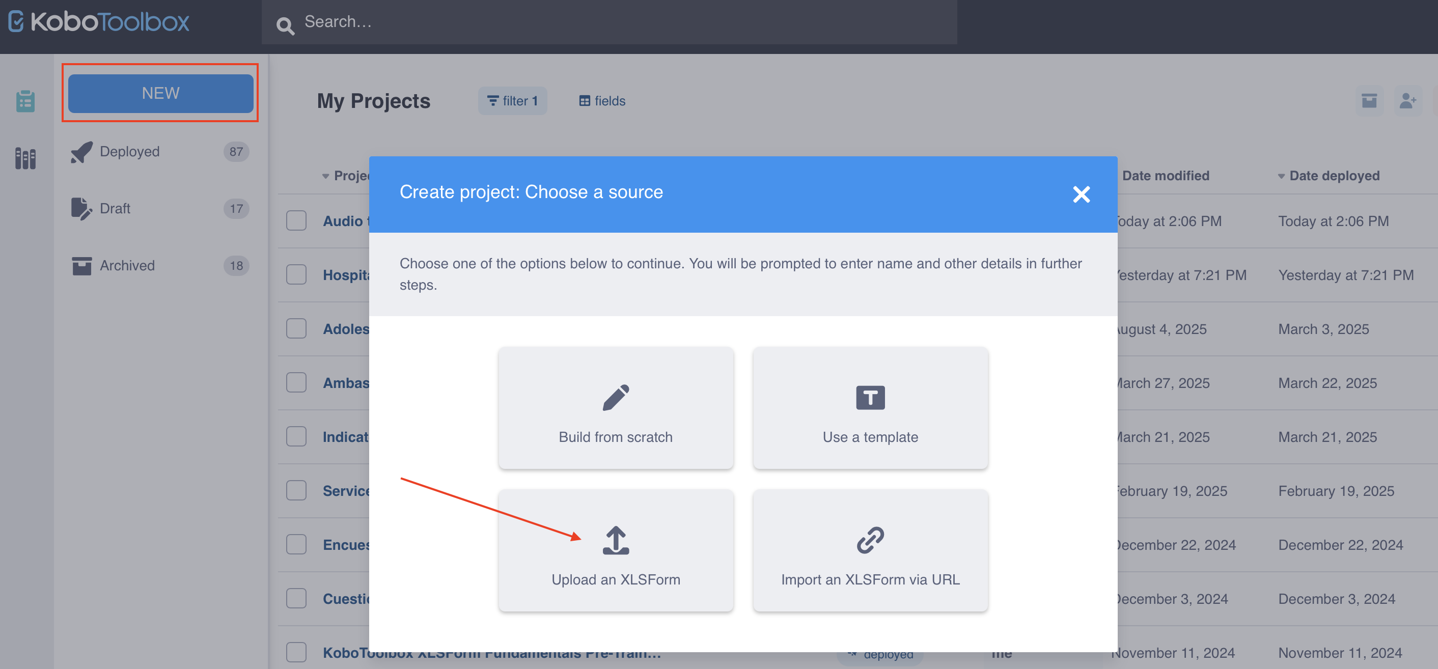 Cuadro de diálogo para cargar XLSForm